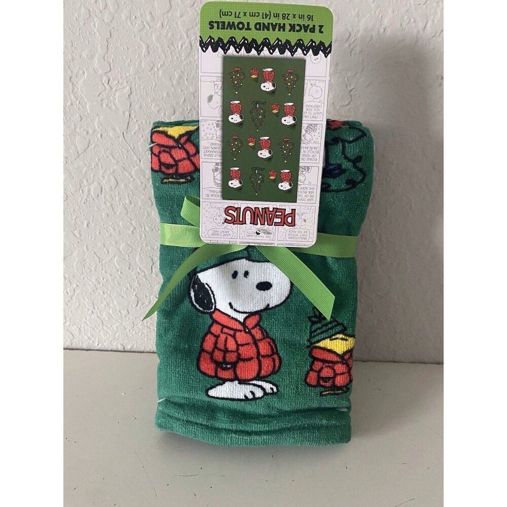 2 Pk Peanuts Snoopy Woodstock Puffy Coat Christmas Holiday 16" x 28” Hand Towels